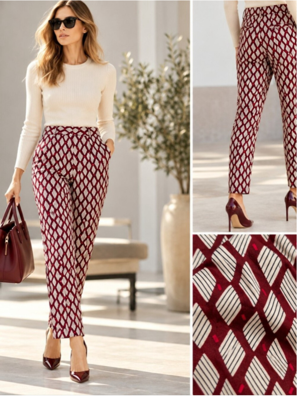 Zara Basic Burgundy Geometric Print Slim Ankle Pants US 6